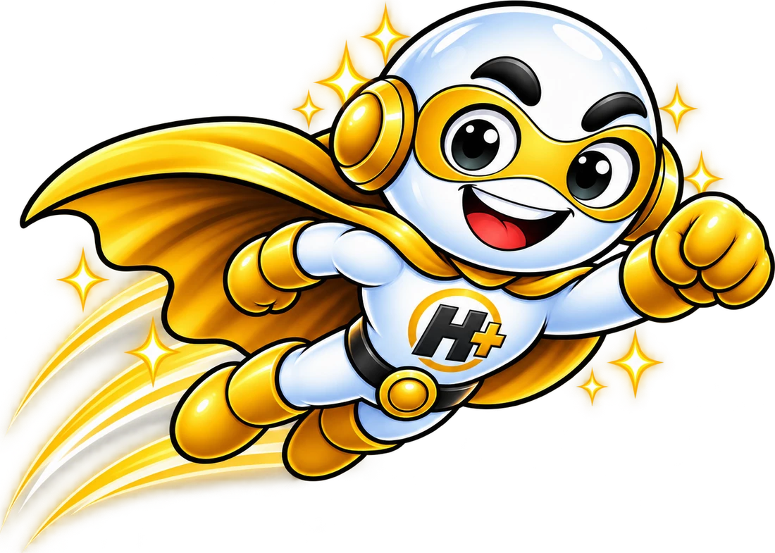 The HeroPlus mascot flying